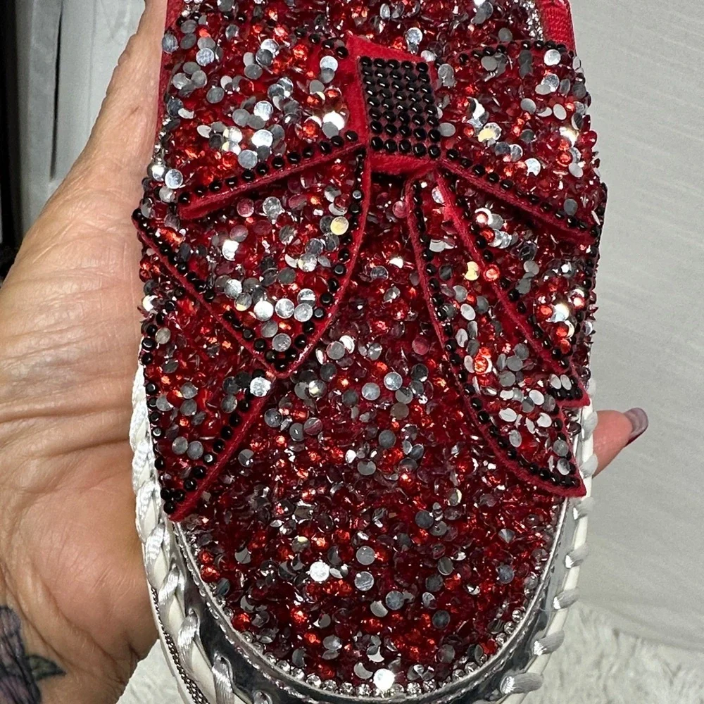 Glittering Red Women's Loafers with Bow - Picture 2 of 12